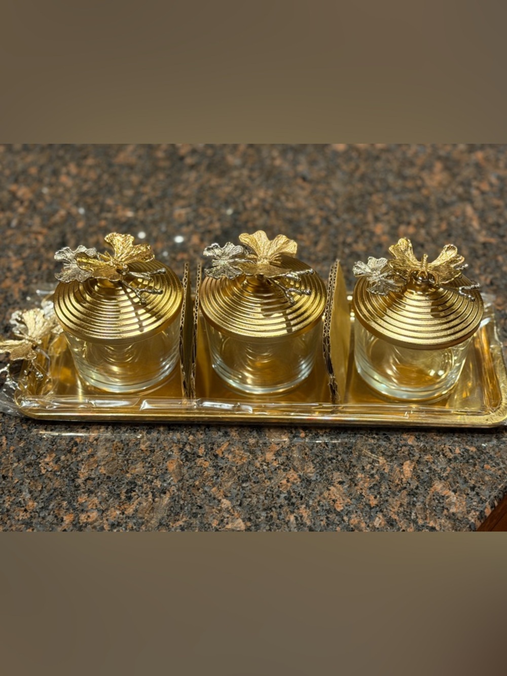 Gold Glass Vanity Jars Set with Decorative Leaf Lids